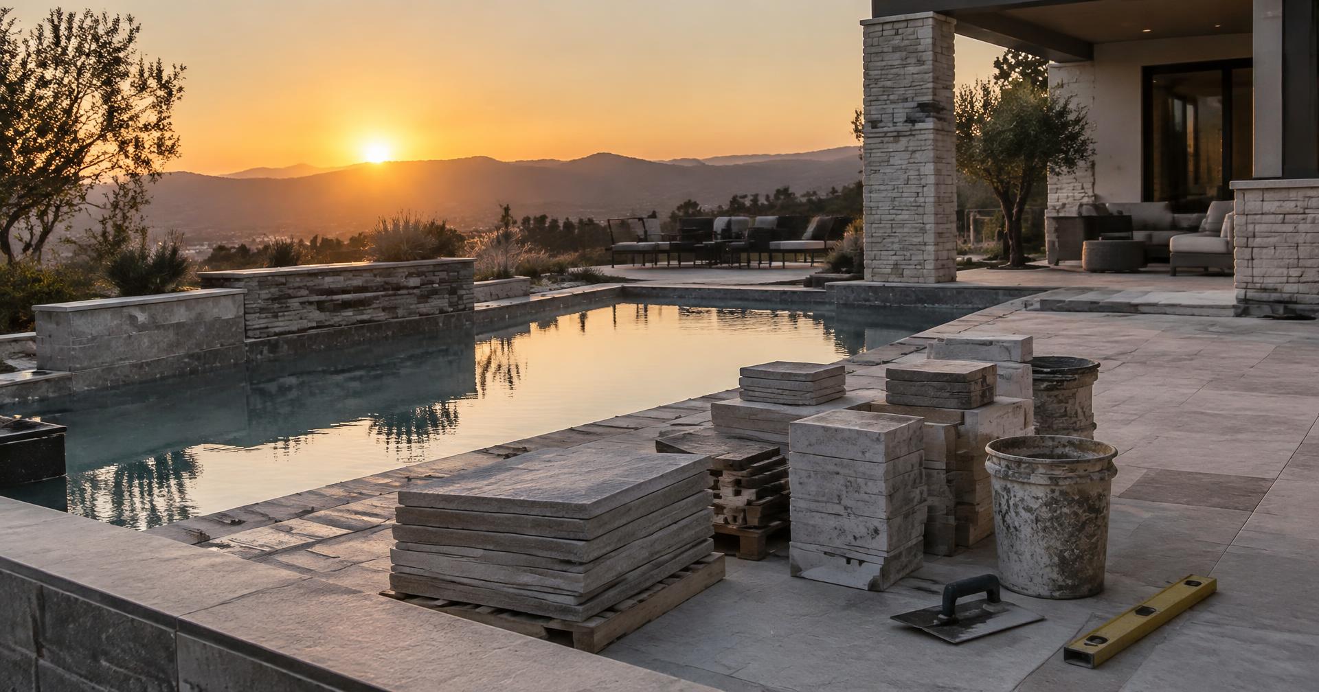 Pool jobsite with materials staged at golden hour