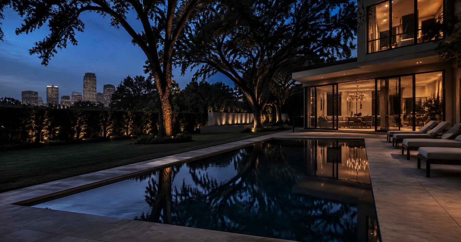 Houston backyard pool at blue hour