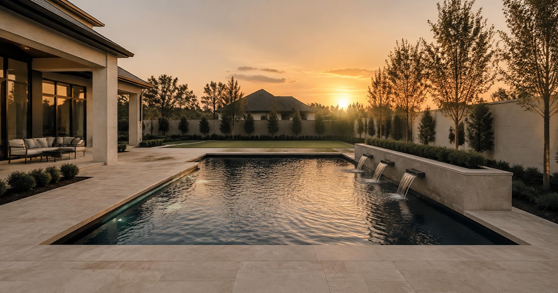 Newly built custom pool in a Houston backyard at sunset