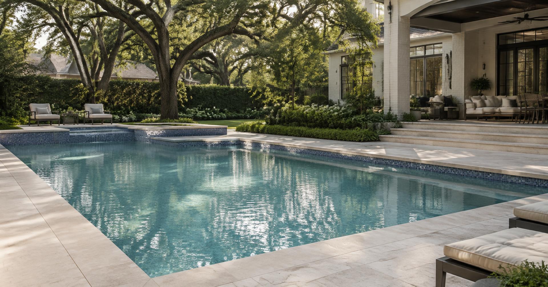 Freshly resurfaced pool with new waterline tile in a Houston backyard