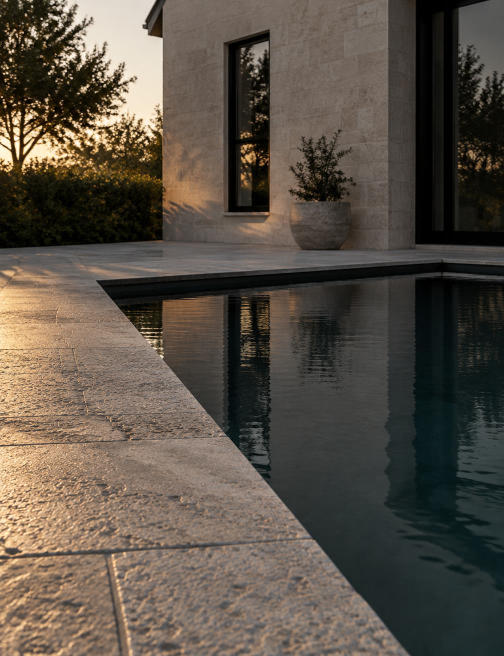 Stone coping meeting still pool water at dusk