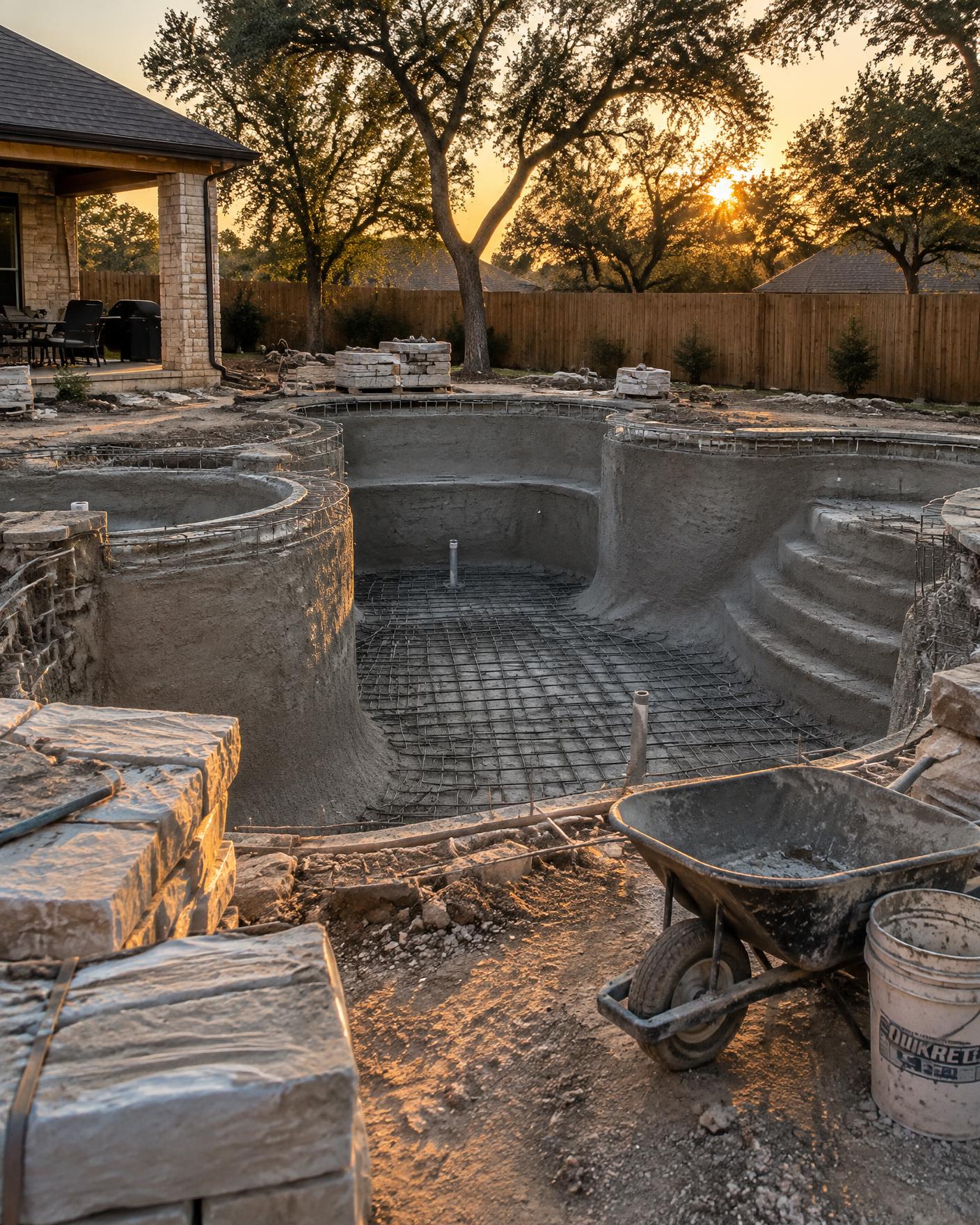 A Royal Waterscapes jobsite in Houston: a new pool shell shaped and ready for finishing
