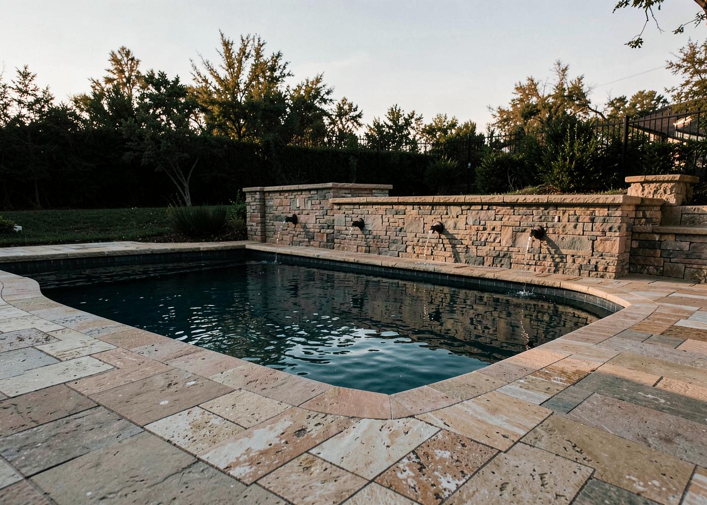 Updated pool surround with stone feature wall and water spouts